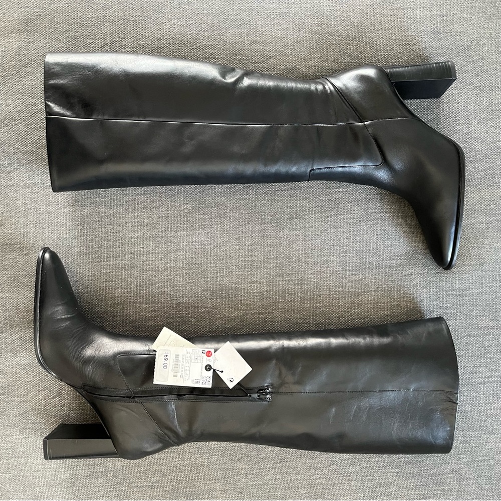 ZARA BLACK LEATHER KNEE HIGH HEELED BOOTS NWT Sz 11
